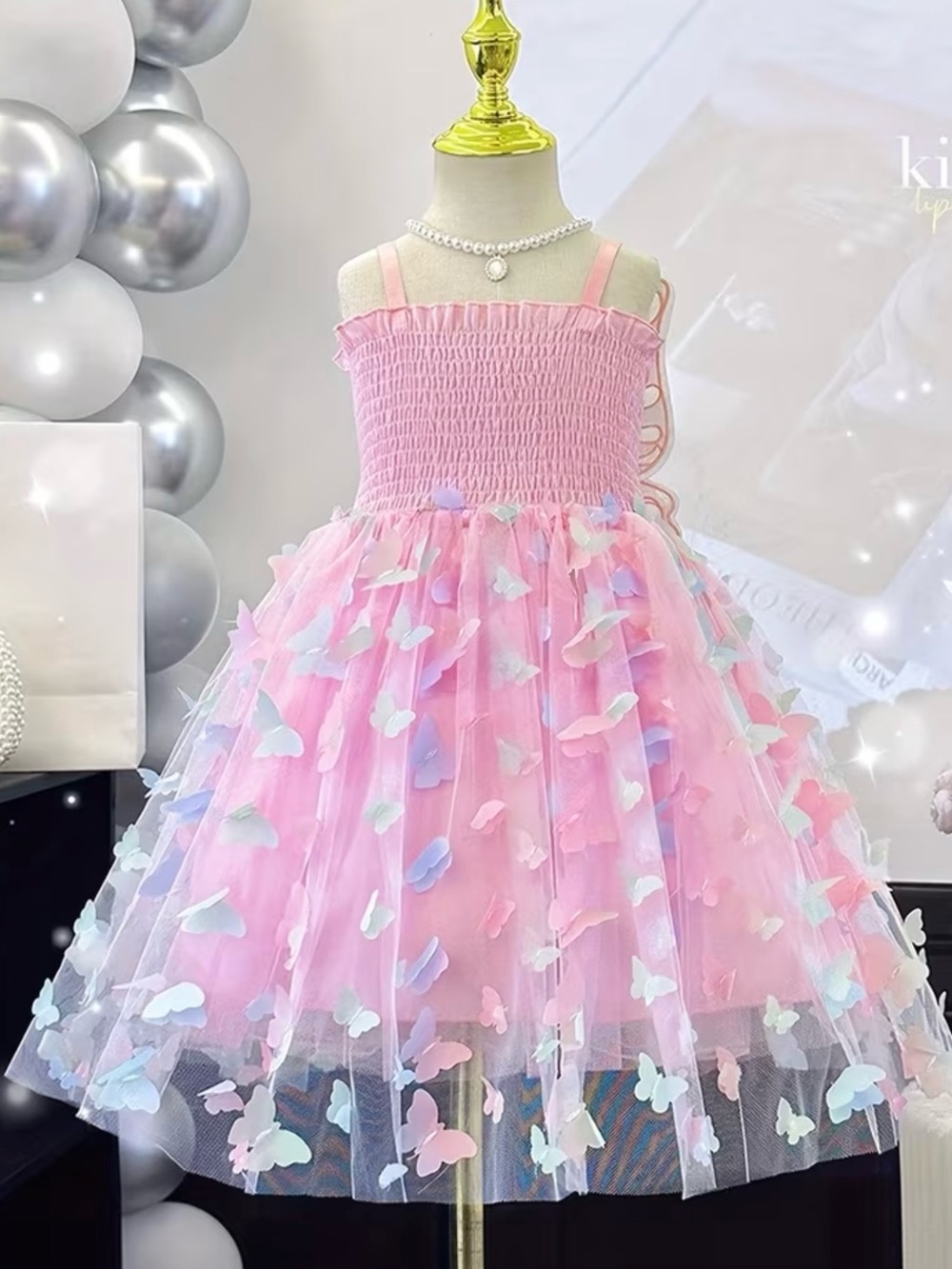 New Pink Butterfly Tulle Dress for Girls